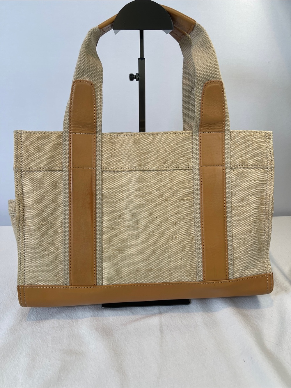 Tory Burch Ella Canvas Tote Beige Natural Canvas Leather Trim Small Tote Bag - Picture 5 of 15